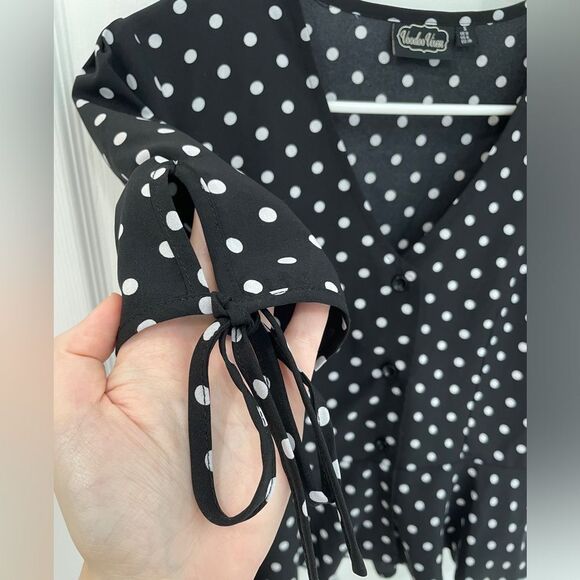 Voodoo Vixen Black White Polka Dot Button Down Peplum Top Women’s Size S - Picture 6 of 6
